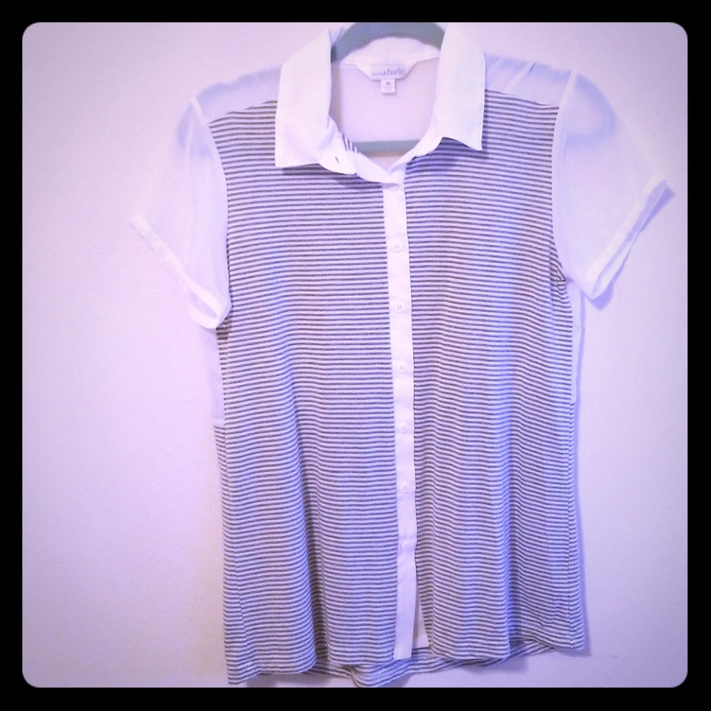 Cream and Gray Sheer Short Sleeve Button Down